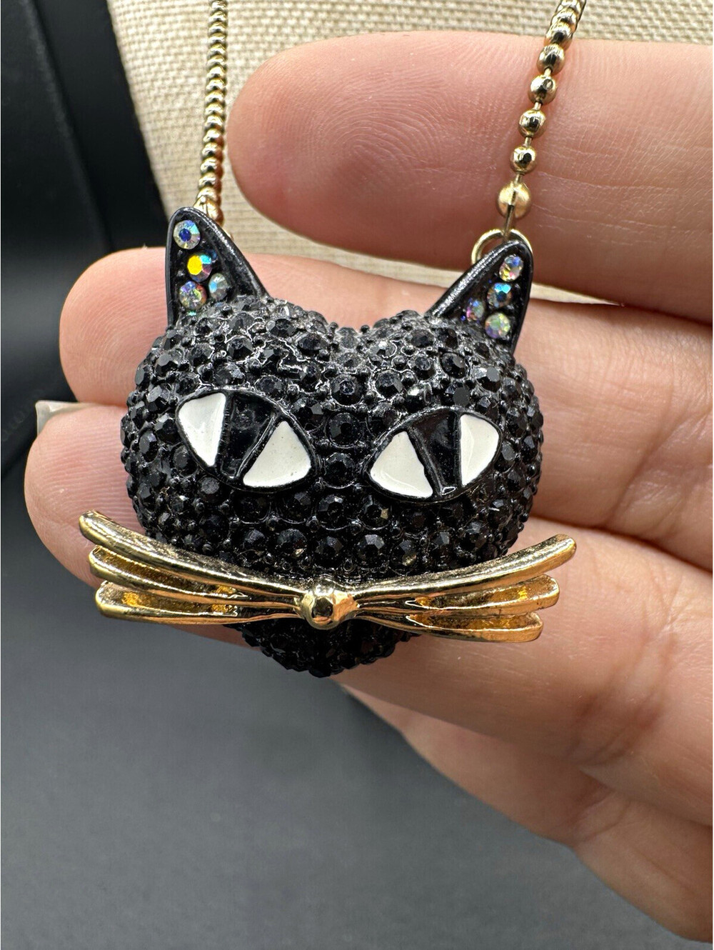 Betsey Johnson Gold Tone Black Crystal Cat Charm Pendant Ball Chain Necklace